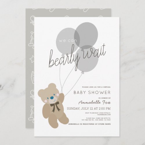 Bearly Wait Bear Gray Virtual Baby Shower Invitation
