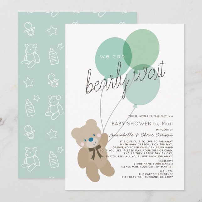Bearly Wait Bear Mint Baby Shower by Mail Invitation (Front/Back)