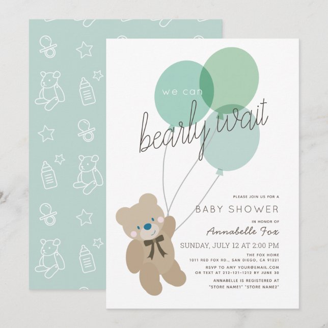 Bearly Wait Bear Mint Green Baby Shower Invitation (Front/Back)
