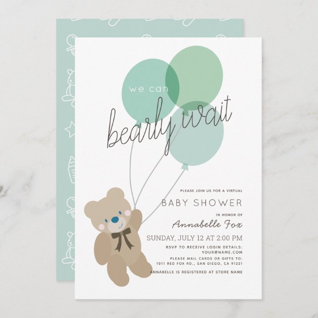 Bearly Wait Bear Mint Green Virtual Baby Shower Invitation (Front/Back)
