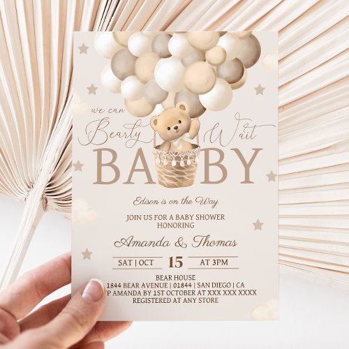 Bearly Wait Bear Neutral Balloons Baby Shower Invitation