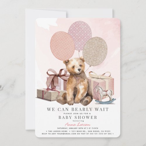 Bearly Wait Bear Pink Balloon Girl Baby Shower Invitation