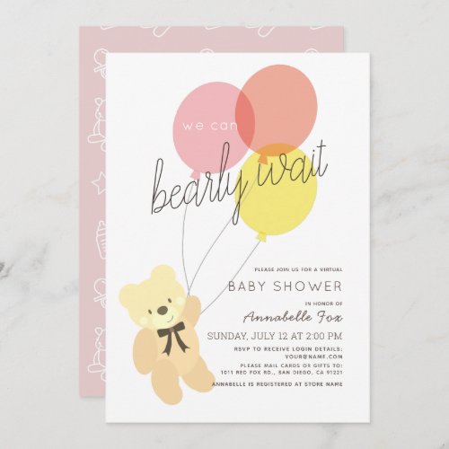 Bearly Wait Bear Pink Virtual Baby Shower  Invitation