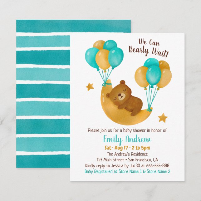 Bearly Wait Bear Sleeping On Moon Baby Shower Invitation (Front/Back)