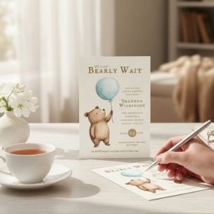 Bearly Wait blue Balloon Baby Shower QR Code Invitation