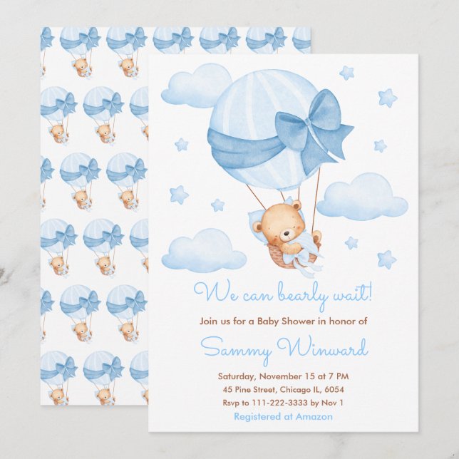 Bearly Wait Blue Balloon Boy Baby Shower Invitation (Front/Back)