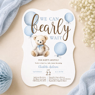 Bearly Wait Blue Balloon Teddy Bear Baby Shower Invitation