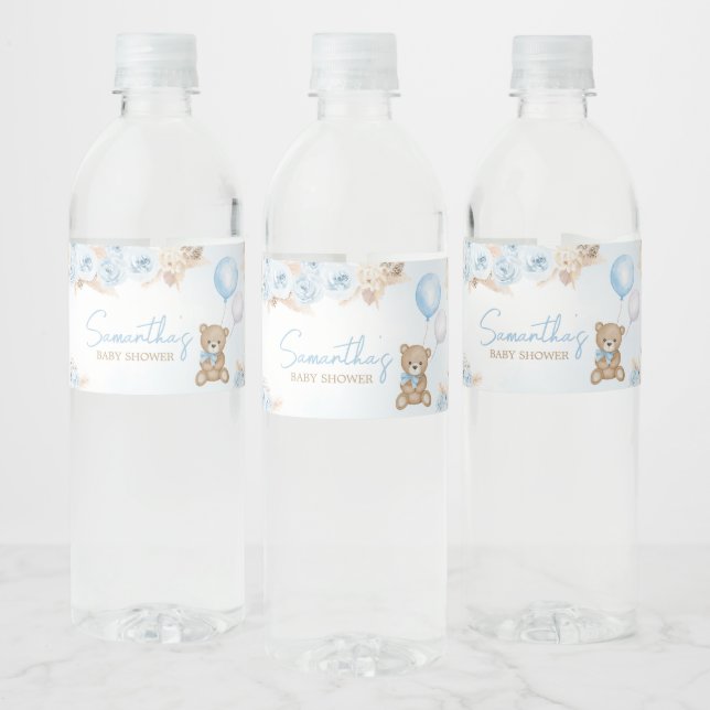 Bearly Wait Blue Bear Baby Shower  Water Bottle Label (Bottles)