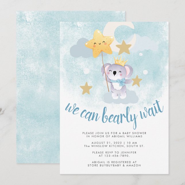 Bearly wait blue bear star & sky baby shower invitation (Front/Back)