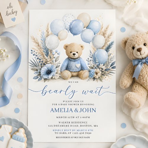Bearly Wait Blue Boy Teddy Bear Baby Shower Invitation