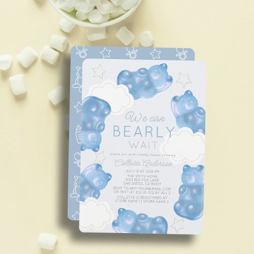 Bearly Wait Blue Gummy Bear Boy Baby Shower Invitation