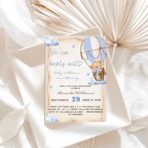 Bearly Wait Blue Hot Air Balloon Baby Boy Shower  Invitation