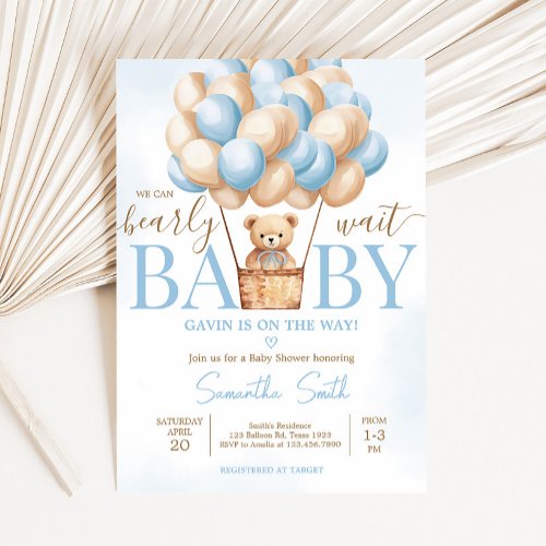 Bearly Wait Blue Hot Air Balloon Baby Shower Invitation