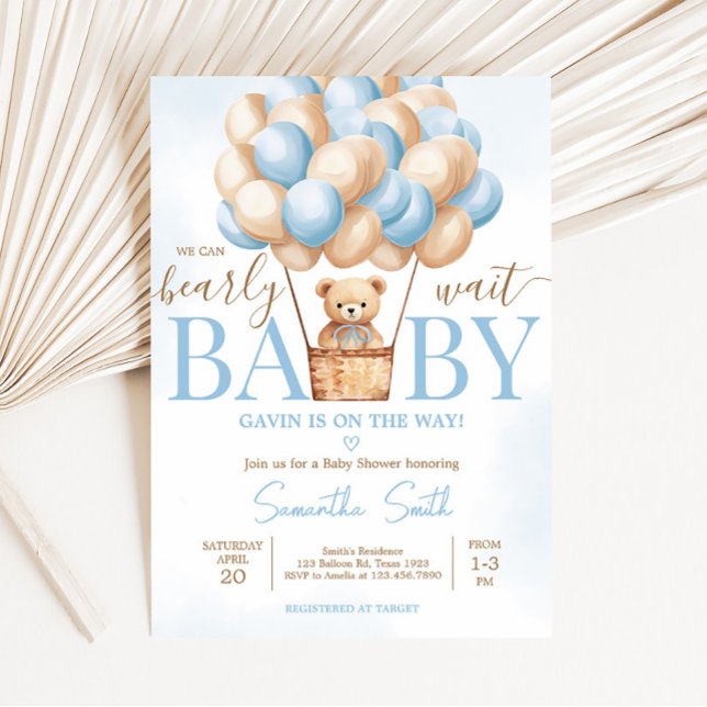 Bearly Wait Blue Hot Air Balloon Baby Shower Invitation (Boy Baby Bear Balloons Baby Shower Invitation)