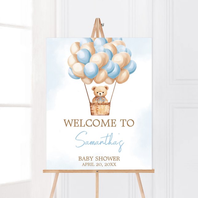 Bearly Wait Blue Hot Air Balloon Baby Welcome Poster (Boy Baby Bear Balloons Baby Shower Welcome Sign)
