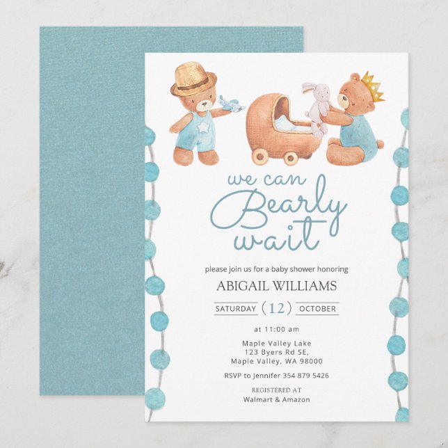 Bearly Wait Blue Teddy Bear Baby Shower Invitation (Front/Back)