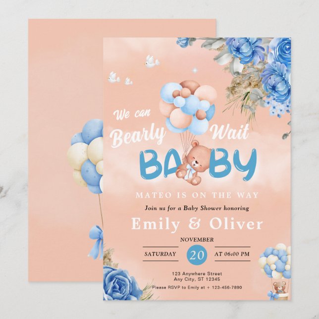 Bearly Wait Blue Teddy Bear Baby Shower Invitation (Front/Back)