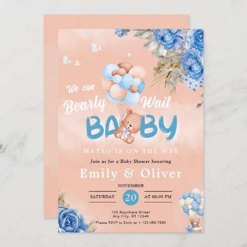 Bearly Wait Blue Teddy Bear Baby Shower Invitation