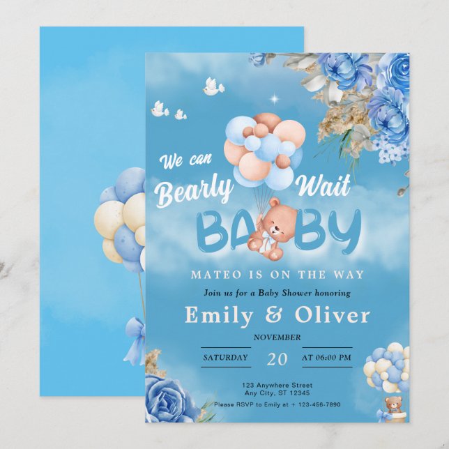 Bearly Wait Blue Teddy Bear Baby Shower Invitation (Front/Back)