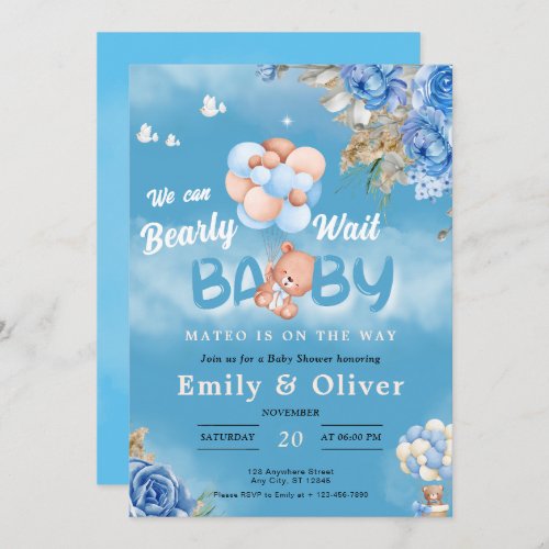 Bearly Wait Blue Teddy Bear Baby Shower Invitation