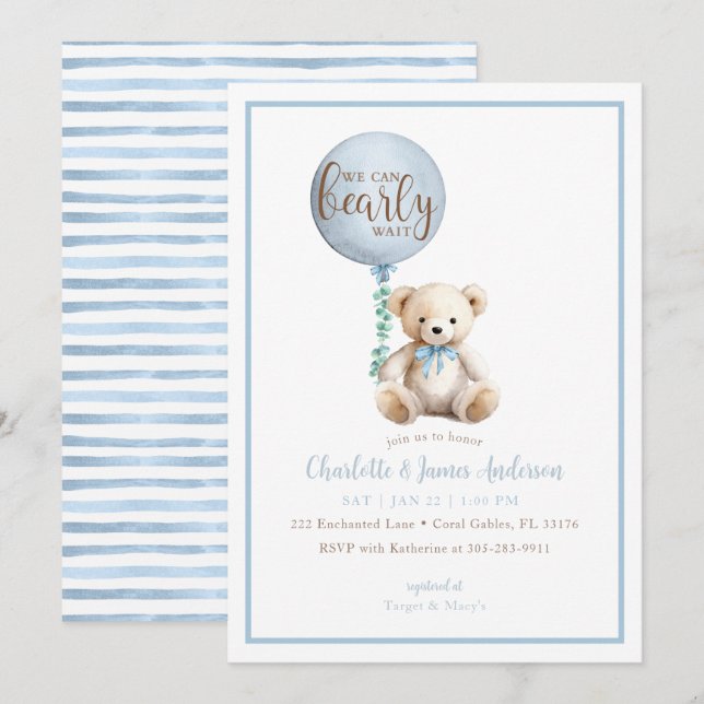 Bearly Wait Blue Teddy Bear Baby Shower Invite (Front/Back)