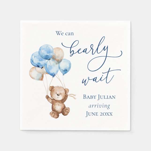 Bearly Wait Blue Teddy Bear Baby Shower Napkins (Front)