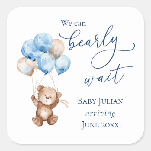 Bearly Wait Blue Teddy Bear Baby Shower Square Sticker