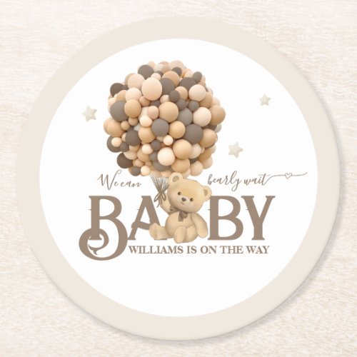 Bearly Wait Boho Balloon Neutral Baby Shower Round Paper Coaster