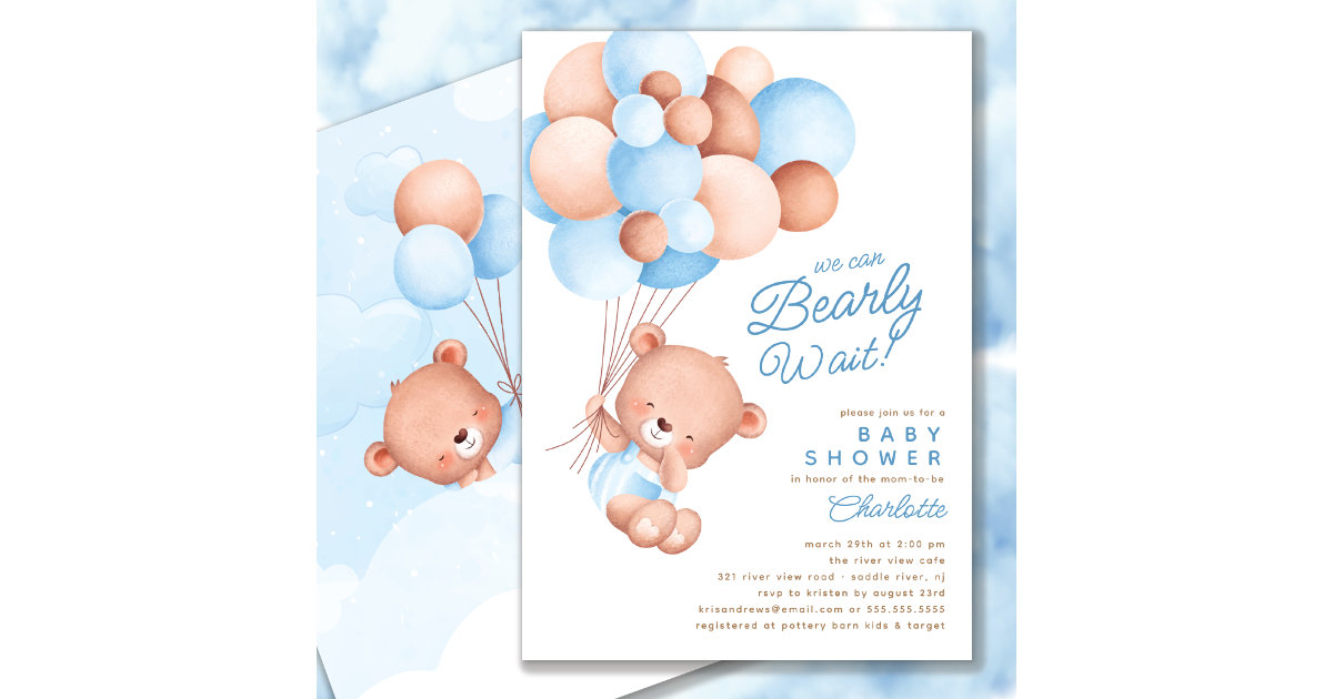 Bearly Wait Baby Shower Invite Template Blue Bear Baby Shower 