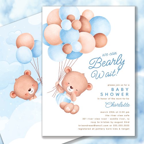 Bearly Wait Boy Baby Shower  Invitation