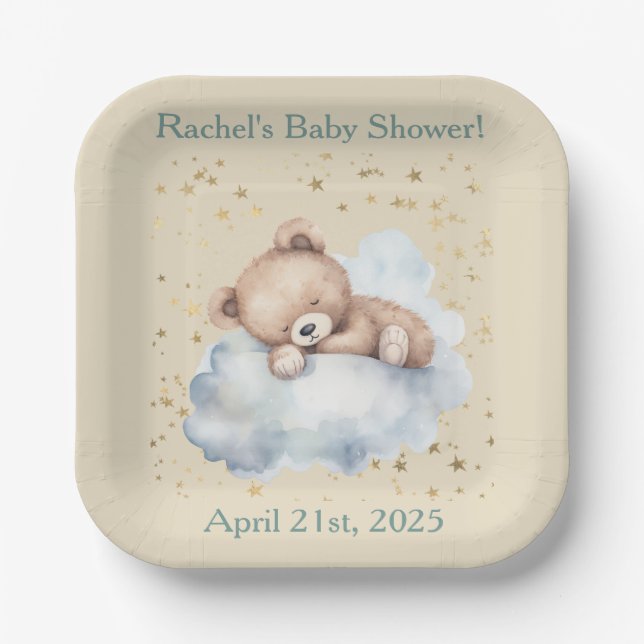 Bearly Wait - Boy Teddy Bear Asleep in Clouds  Paper Plates (Front)