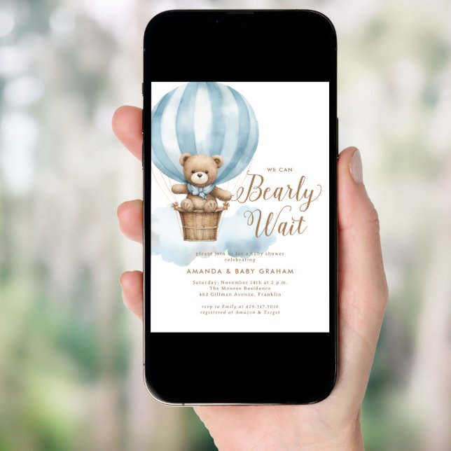 Bearly Wait Boy Teddy Bear Baby Shower Invitation (Front Digital)
