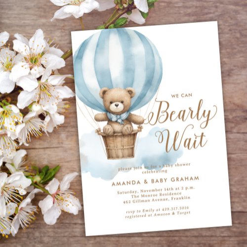Bearly Wait Boy Teddy Bear Baby Shower Invitation