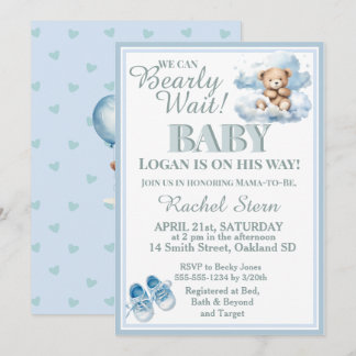 Bearly Wait- Boy Teddy Bear On A Cloud Baby Shower Invitation