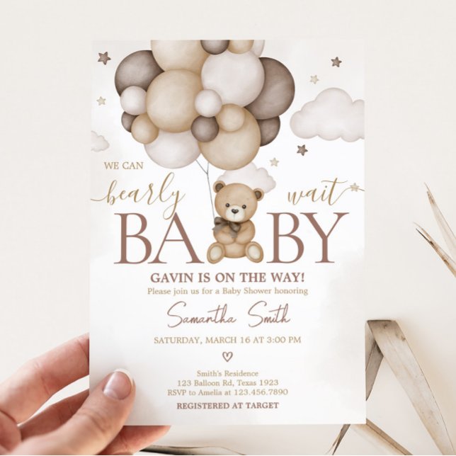Bearly Wait Brown Balloon Baby Shower Invitation (Boho Brown Bear Baby Shower Invitation)