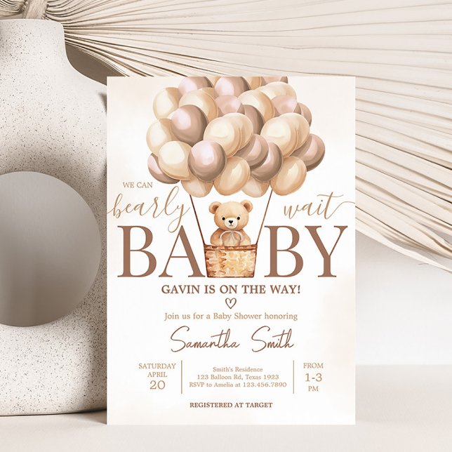 Bearly Wait Brown Hot Air Balloon Baby Shower Invitation (Gender Neutral Baby Bear Baby Shower Invitation)
