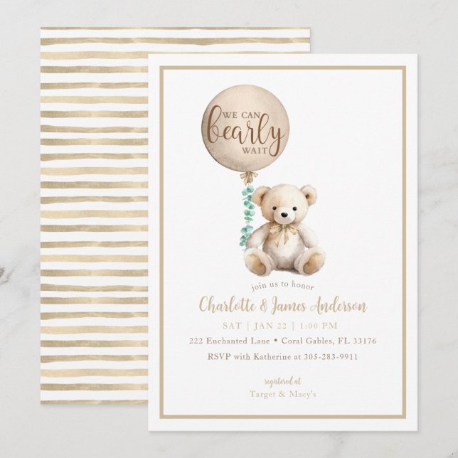Bearly Wait Brown Teddy Bear Baby Shower Invite (Front/Back)