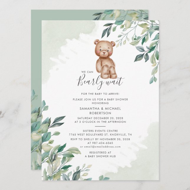 Bearly Wait Couples Baby Shower Eucalyptus Foliage Invitation (Front/Back)