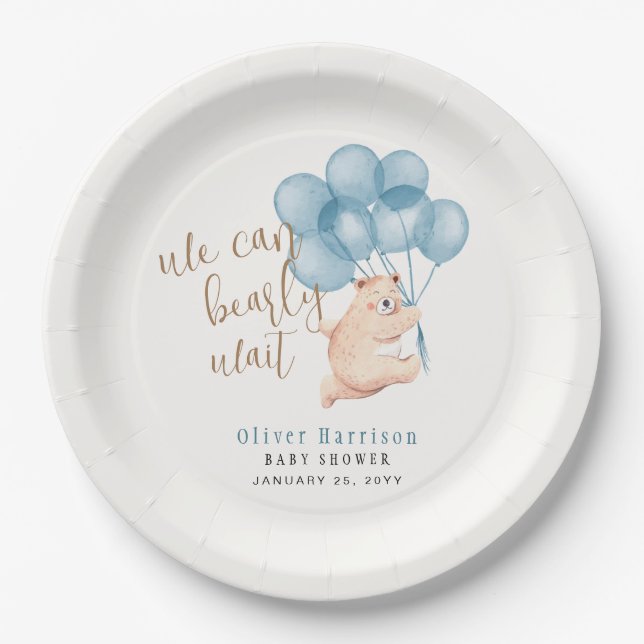 Bearly Wait Cute Bear Blue Balloon Boy Baby Shower Paper Plates (Front)