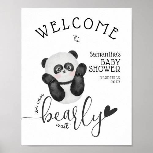 Bearly wait Cute Black  White Baby Shower Welcome Poster