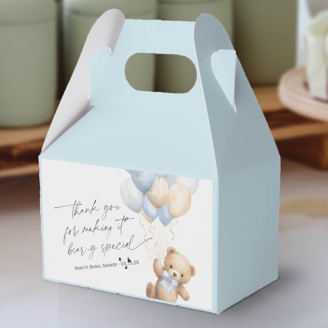 Bearly Wait Cute Teddy Bear and Blue Balloons Favor Boxes (We Can Bearly Wait, Blue Baby Boy Shower Favor Box.)