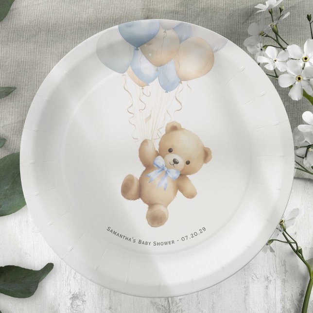 Bearly Wait Cute Teddy Bear and Blue Balloons Paper Plates (Blue We can Bearly Wait, baby Boy Shower paper plate.)