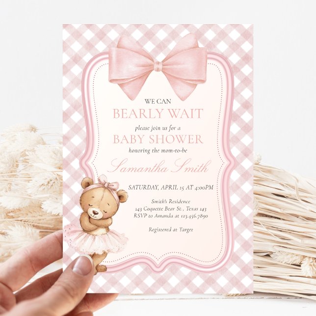 Bearly Wait Elegant Bear Baby Shower Invitation (Pink Bear Baby Shower Invitation)