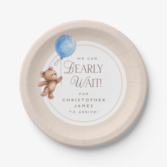 Bearly Wait Elegant Personalized Bear Baby Shower Paper Plates (Front)