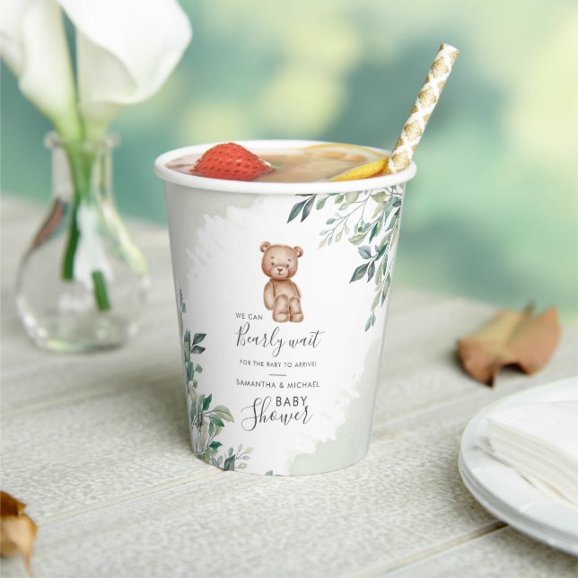 Bearly Wait Eucalyptus Foliage Couples Baby Shower Paper Cups (Insitu)