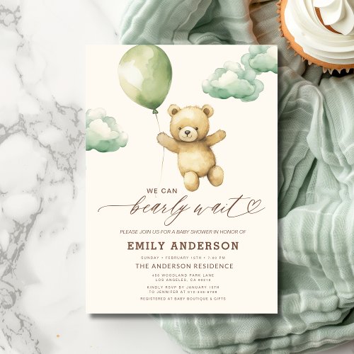 We Can Bearly Wait Green baby shower invitation