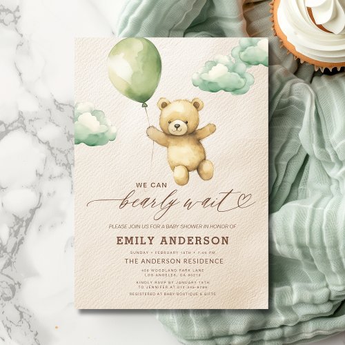 We Can Bearly Wait Green baby shower invitation