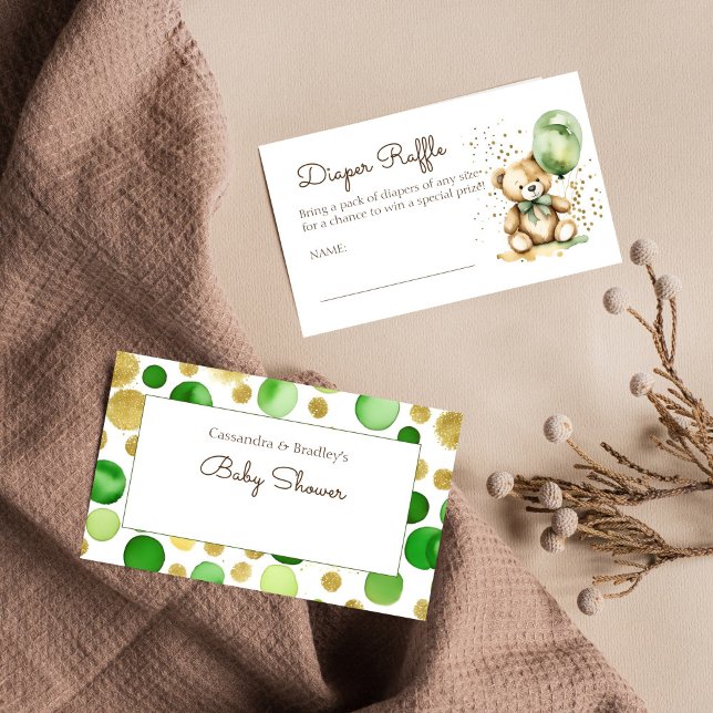 Bearly wait green baby shower diaper raffle enclosure card (Bearly wait green gold teddy bear baby shower diaper raffle card)
