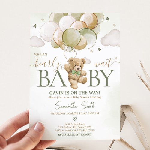 Bearly Wait Green Balloon Baby Shower Invitation