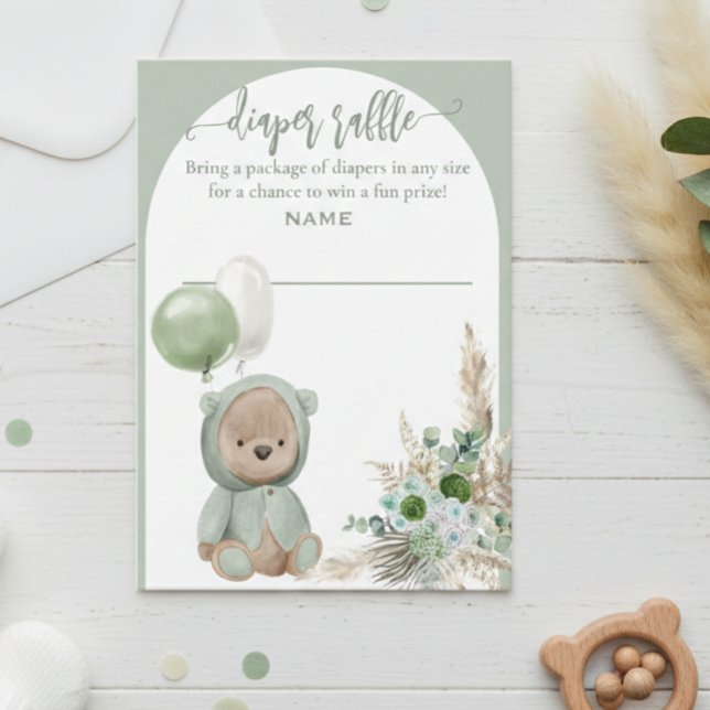 Bearly Wait Green Boho Bear Diaper Raffle Enclosure Card (Creator Uploaded)
